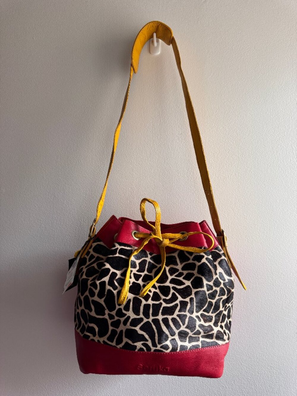 NWT Soruka Giraffe Print Leather Bucket Bag